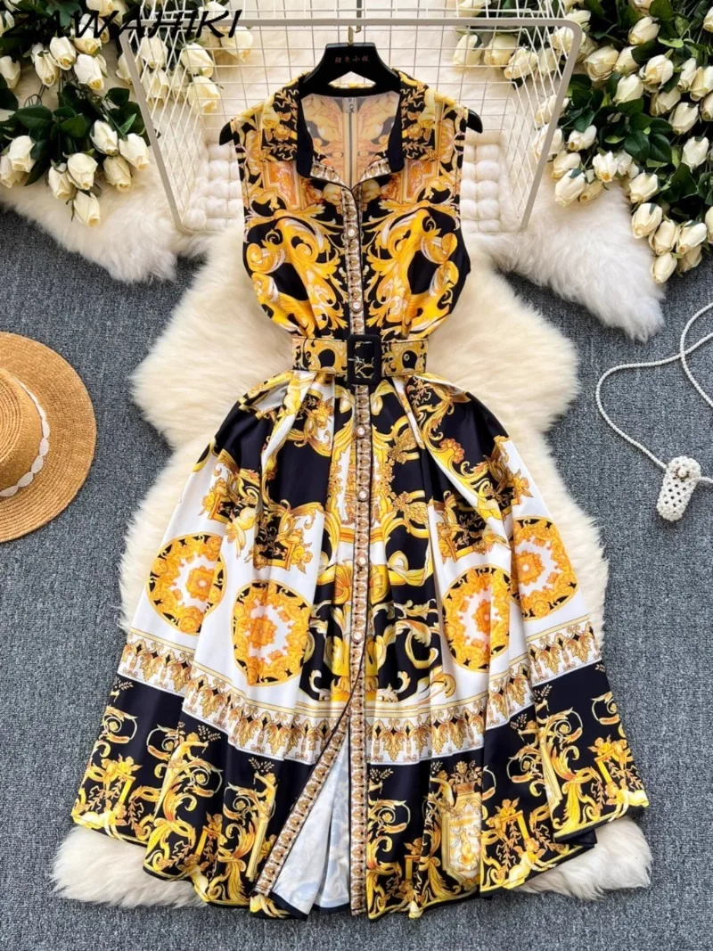 

Женское винтажное платье без рукавов, плиссированное облегающее платье с принтом в Корейском стиле, одежда на лето