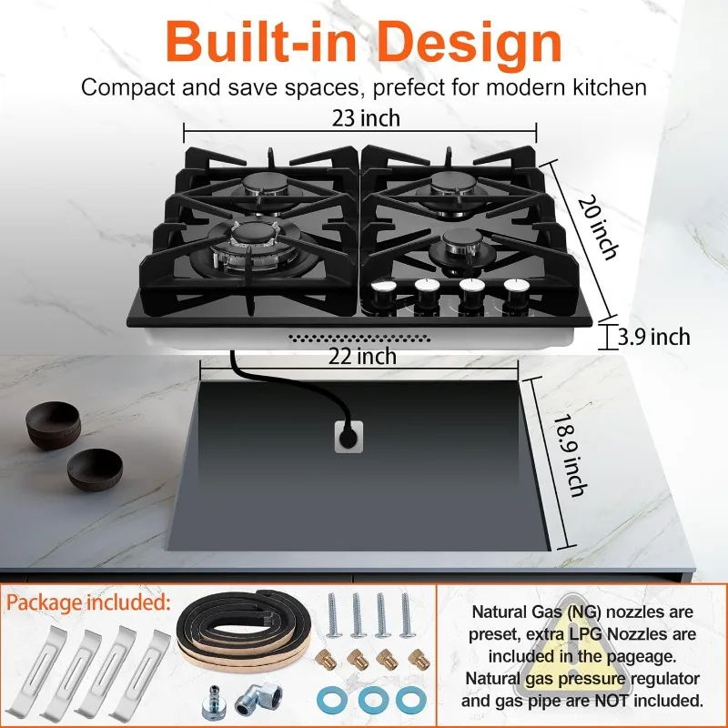 Gas Stove Top 24 inch Eascookchef,24 inch Gas Cooktop 4Burner,Gas Stove Top NG/LPG Convertible,Black Tempered Glass Dual Burners