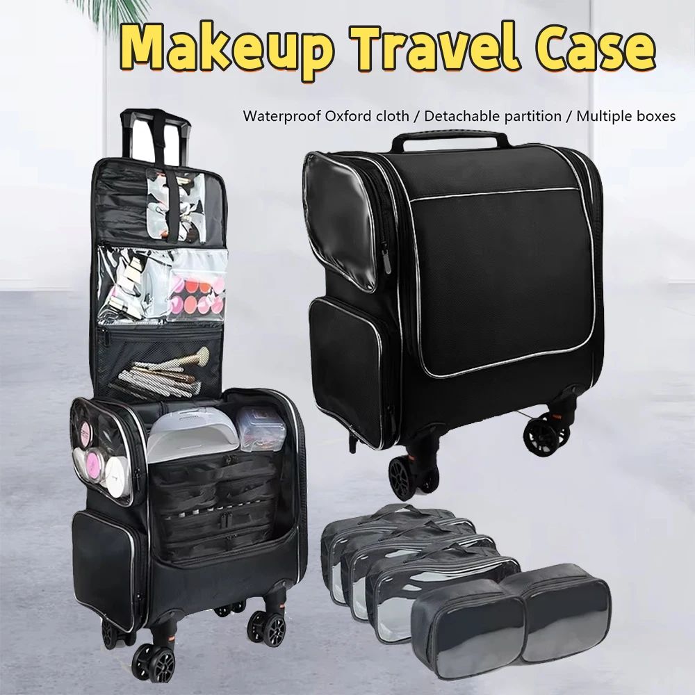 Borsa da viaggio per truccatori con ruote, portaoggetti per pennelli cosmetici, organizer per strumenti di bellezza, valigia con rotelle per artisti