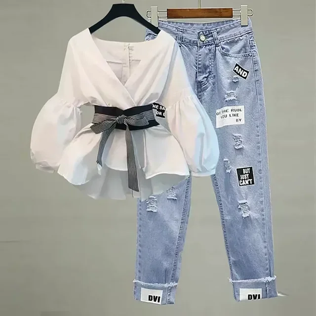 Women Elegant V-Neck Stripe Office Lady Suit Lantern Sleeve Bow Belt Trend Slim Casual Chiffon Shirt Top And Korean Ripped Jeans