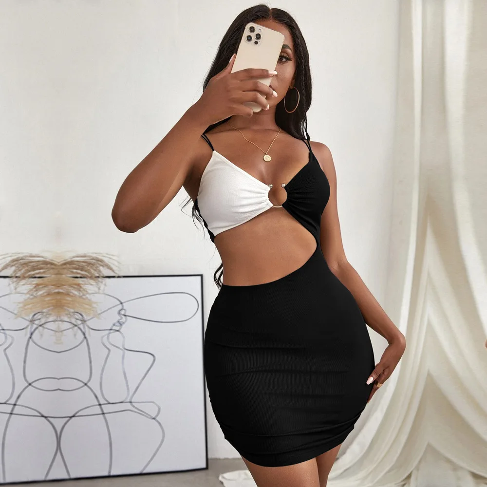 

Европейское и американское летнее Новое сексуальное ажурное платье на бретельках с разрезом на груди трикотажная короткая юбка