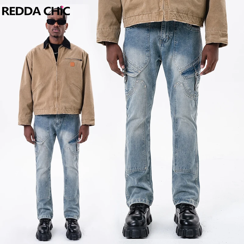 

REDDACHiC Vintage Patchwork Cargo Jeans Men Cleanfit Blue Wash Casual Deconstructed Belt Pockets Y2k Hiphop Pants Work Wear