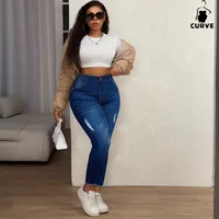 Plus-Size Women's High-Waisted Skinny Stretch Denim Jeans Distressed with Frayed Hem, Perfect for Everyday Casual Outfits - Image 5