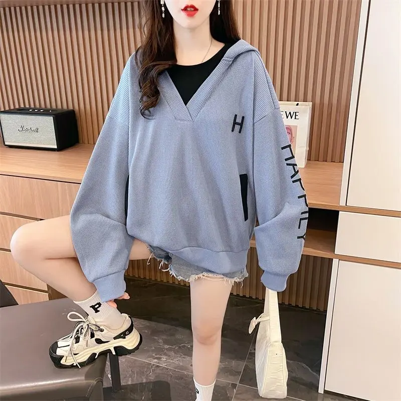 Fashion Printed Spliced Hooded Sweatshirts Female Clothing 2023 Autumn Winter Loose Casual Tops Fake Two Pieces Sweatshirts