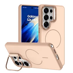 Magnetic Silicone Ring Lens Stand Case with Shockproof Bumper Cover - Magsafe Compatible - Galaxy S26 Plus (Khaki)