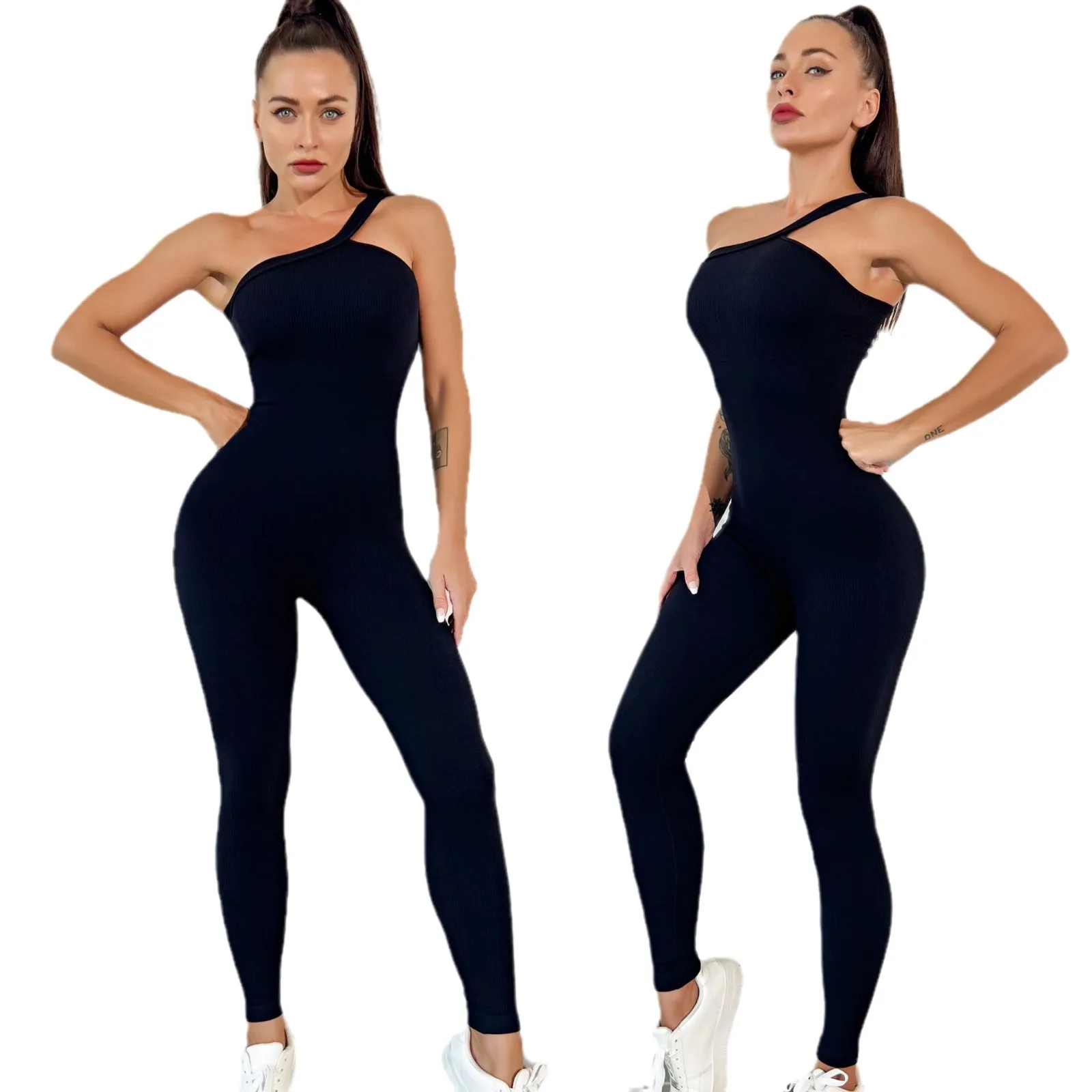 Women's Tracksuit One Shoulder Solid Yoga Jumpsuit One Piece Workout Sleeveless Rompers Sportswear Woman Gym Set Xiny3