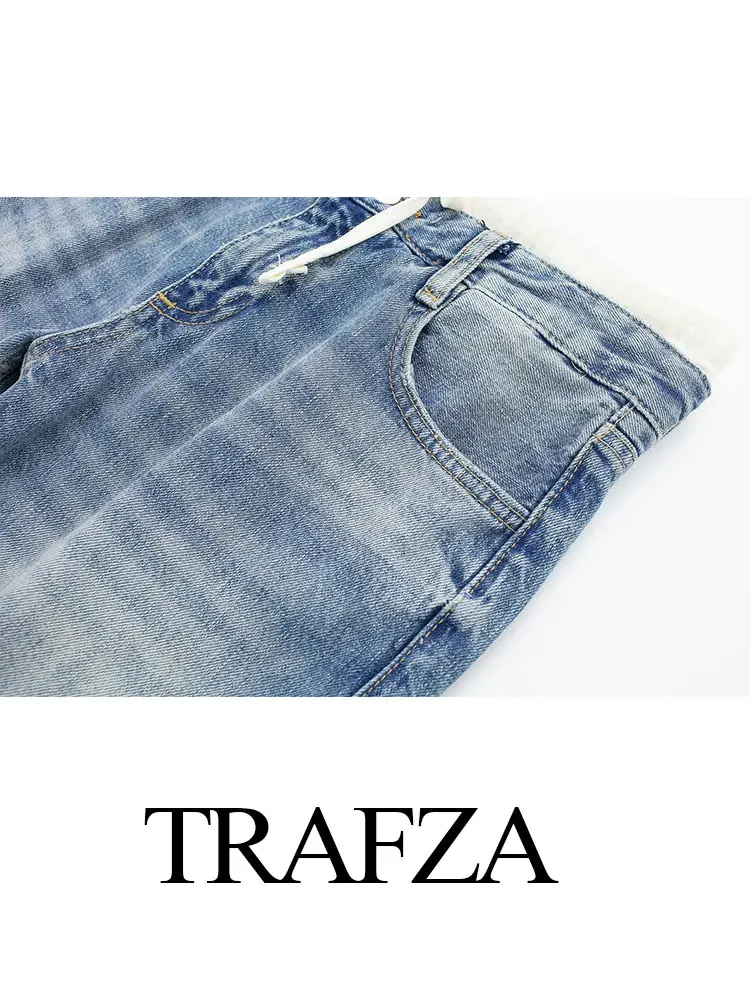 TRAFZA Summer New Women's Retro Denim Blue Street Trousers Fashion Mid-waist Splicing Pocket Women's Zipper Trousers Casual Jean
