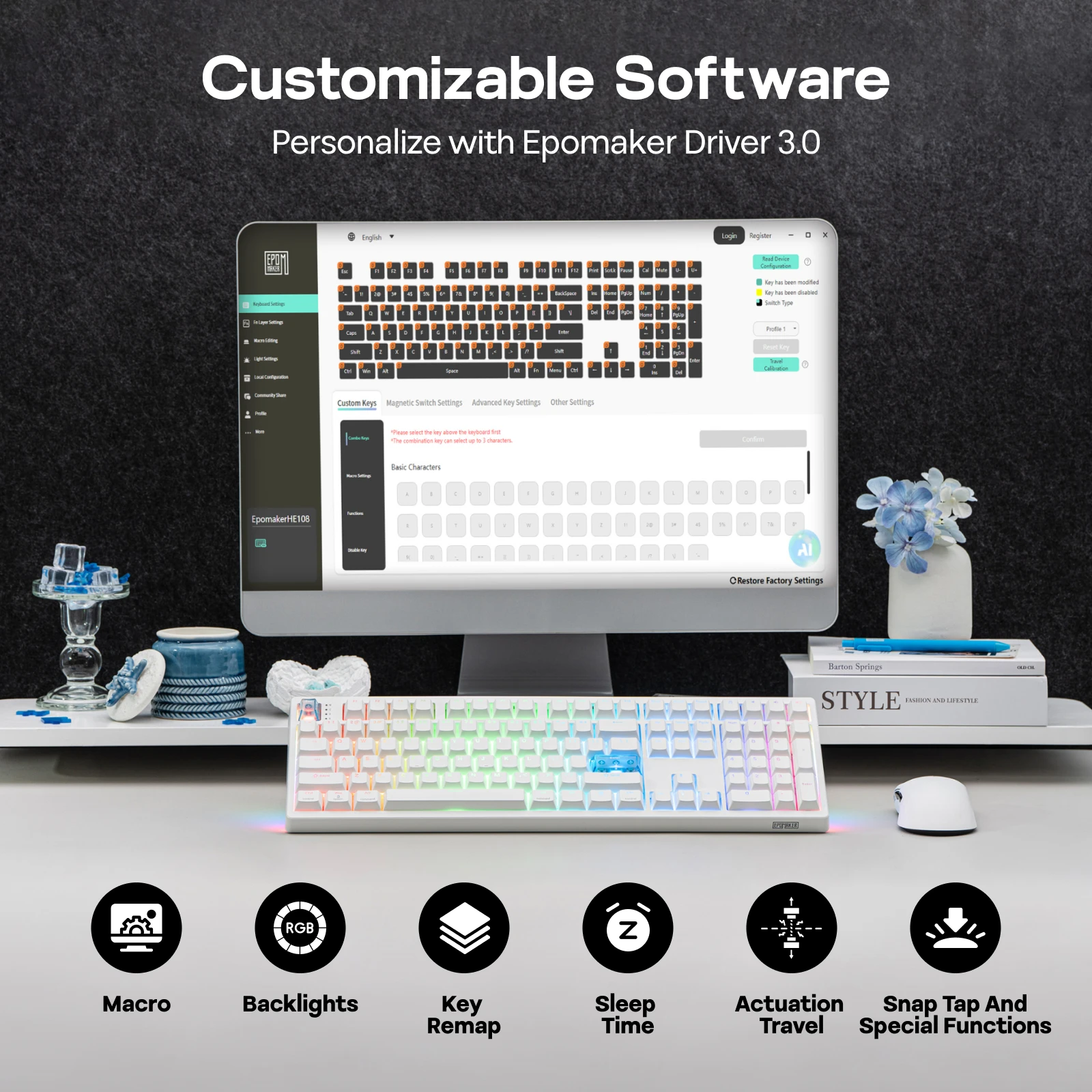 EPOMAKER HE108 풀사이즈 ANSI US QWERTY 레이아웃 트리모드 무선 홀 이펙트 게이밍 키보드 128K 스캔 속도 및 10000mAh 배터리
