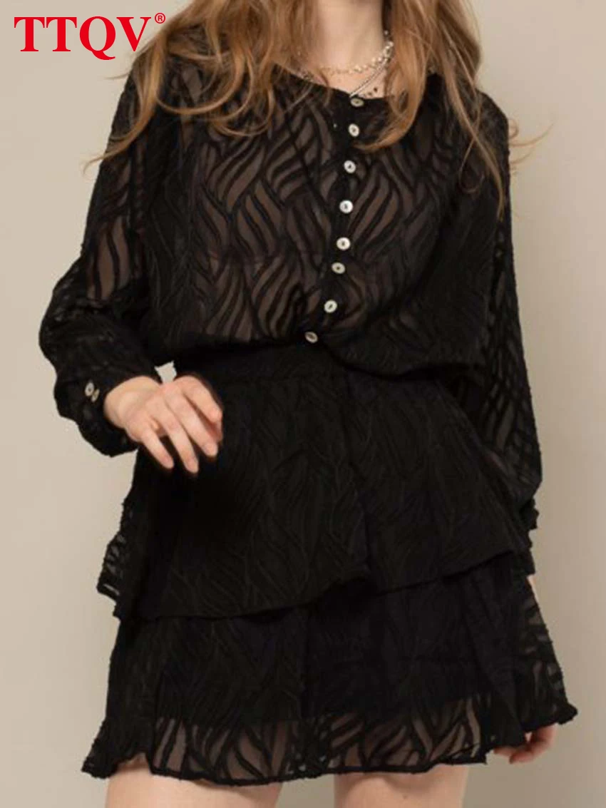 

TTQV Fashion Black Translucent Sets For Women 2 Pieces Elegant O-Neck Long Sleeve Shirts And Cascading Ruffle Mini Skirts Sets