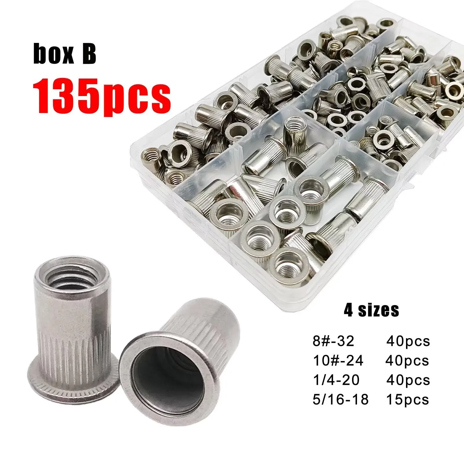 65/135pcs US Standard 8#-32 10#-24 1/4-20 5/16-18 Mix Size 304 Stainless Steel Flat Head Rivet Nut Insert Rivnut Nutsert Set Kit