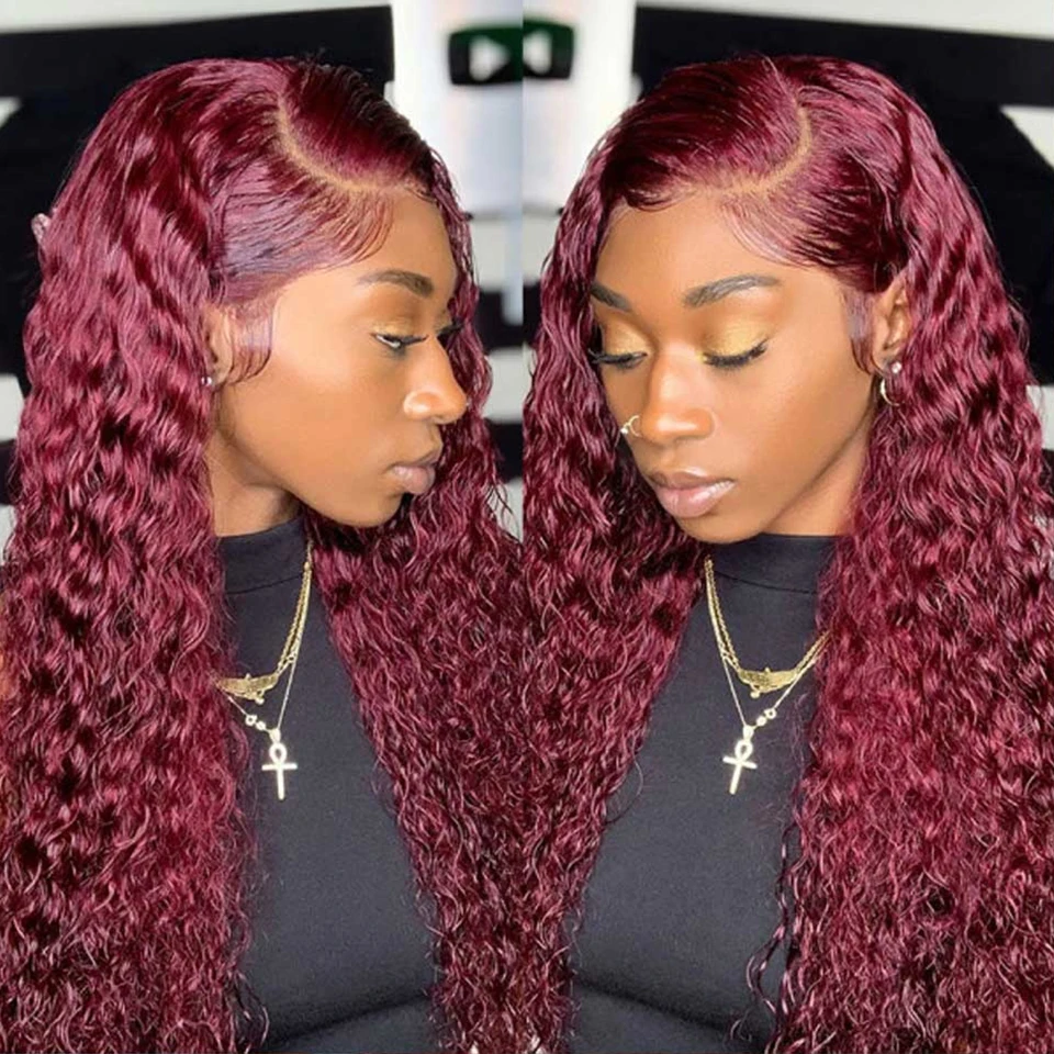 #99j Burg Color Brazilian Deep Wave 3/4 Hair Bundles with HD Transparent Lace Closure Remy Human Hair Bundles with Lace Frontal
