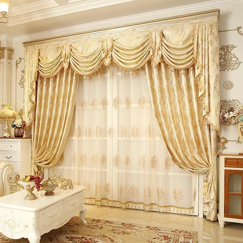 European Style Luxury Golden Red Hot Stamping Pattern Jacquard Curtains for Living Dining Room Bedroom Tulle Valance Custom
