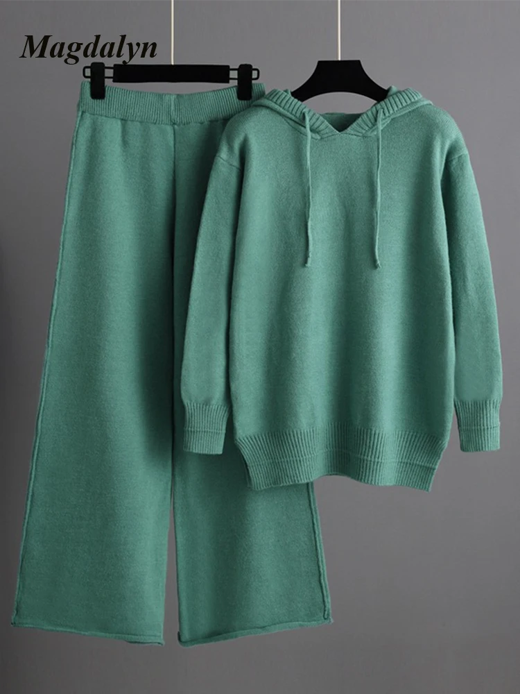 

Magdalyn Women Warm Hooded Sweater Suits Fashion Elastic Rabbit Hair Hoodies Long Wide Leg Pants Casual Winter Solid Knitted Set