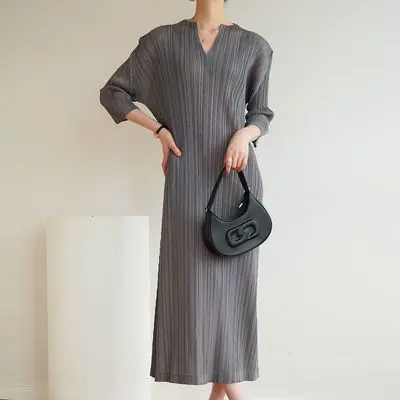 

HOT SELLING Miyake fold v-neck THREE QUARTER All-match long A-Line Dress IN STOCK