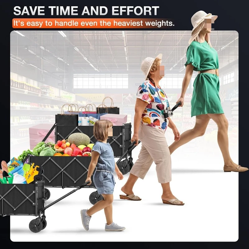 Foldable Wagon with Extended Tailgate: Collapsible Large Capacity Folding Wagon-Heavy Duty Utility Carts for Shopping,Garden,