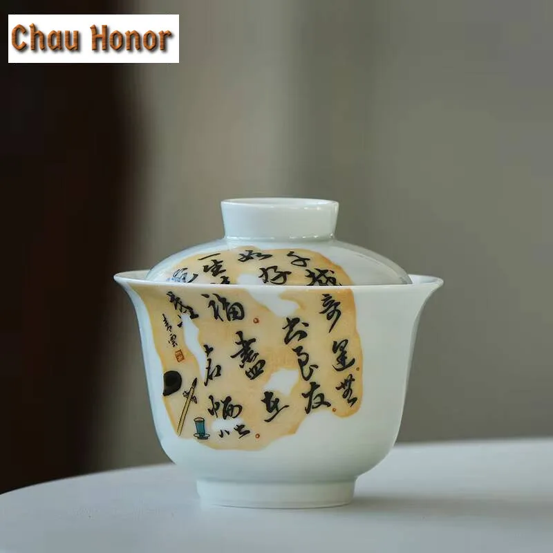 130ml Aesthetic Remnant Page Proverbs Grey Gaiwan Boutique Ceramic Bowl with Lid Tea Tureen Tea Making Cover Bowl Teaset Craft