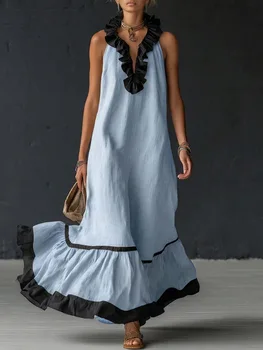 2026 New Women's Sleeveless V-Neck Loose Leisure Vacation Ruffled A-Line Backless Dress 1
