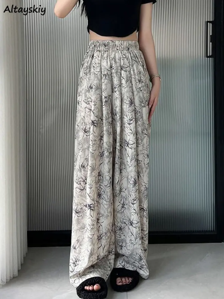 

Wide Leg Pants Women Loose Printed Elastic Waist Summer Chinese Style Temper Personality Casual Streetwear All-match Mujer Chic
