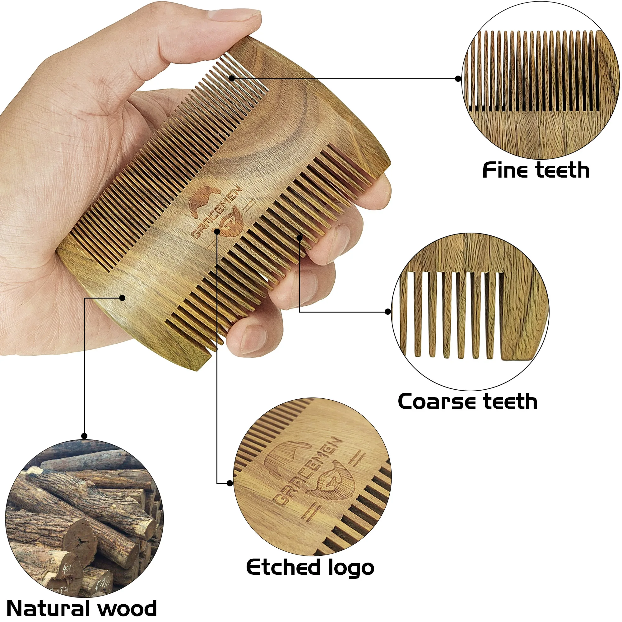 Gracemen 100% Wooden Beard Comb Double Sides for Men Anti-Static Wood Hair/Mustache with PU Leather Case and Great Gift to Man 3