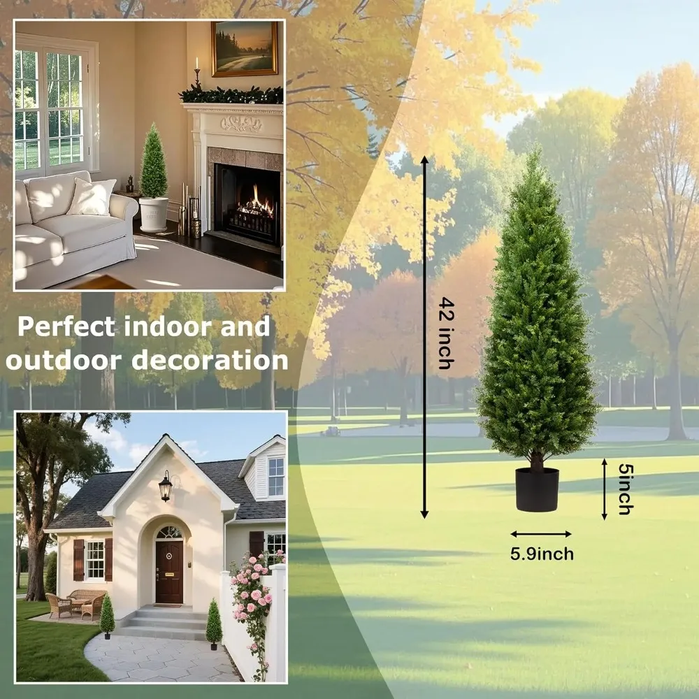 4ft Artificial Cedar Trees Artificial Topiary Trees Set of 2 Faux Cypress Plants UV Resistant Potted Bushes Faux Shrubs