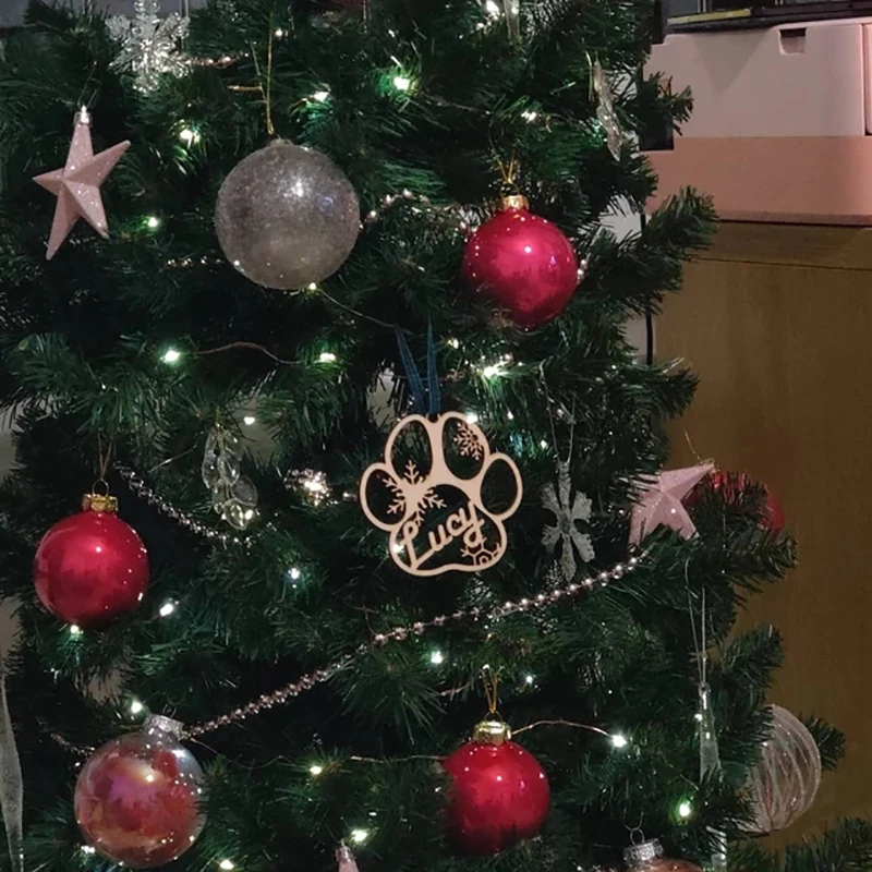 Personalised Christmas Ornaments Home Decor Wooden Dog Paw Xmas Tree Decoration Hanging Bauble Wood Tags Snowflake Ball Gifts christmas decorations wooden animal plaques decor