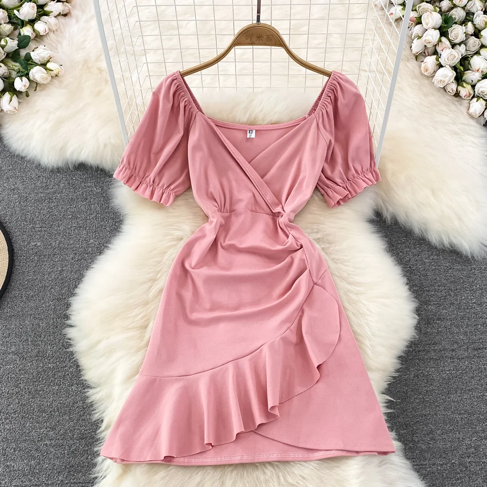 

Sexy Low-cut V-neck Short Sleeve Dress Summer New Waist Show Thin Irregular Ruffled Dress Women Bodycon Hip Wrap Short Dress