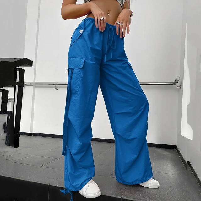 Y2K Clothes Women Parachute Pants Casual Solid High Waist Drawstring Baggy  Trousers Female Elastic Waist Wide