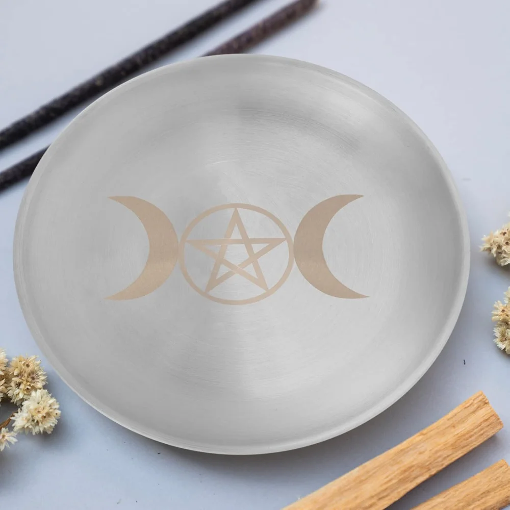 Altar Ritual Plate Vintage Metal Offering Bowl Pentagram Moon Candle Holder Burner Tray for Witchcraft Wiccan Tarot Supplies