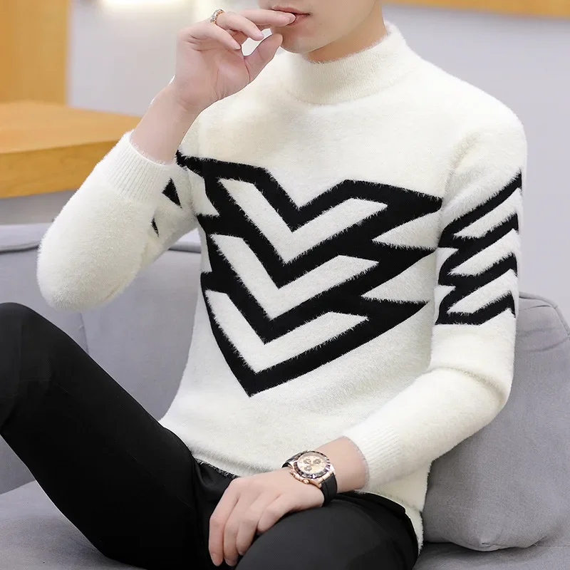 Autumn And Winter Imitation Mink Cashmere Sweater Men's Half-turtleneck Fashionable Knitted Base-layer Shirt Loose Fleece-lined