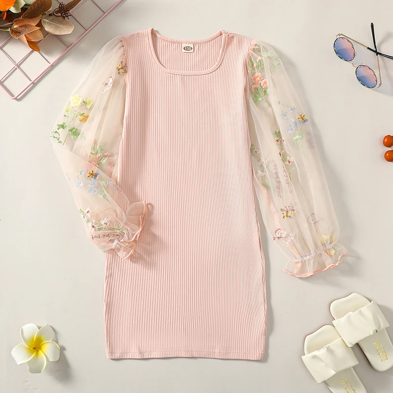 

EWODOS Little Girls Knit Dress for Autumn Spring Elegant Floral Embroidery Mesh Long Sleeves Party Dress Kids Princess Dresses
