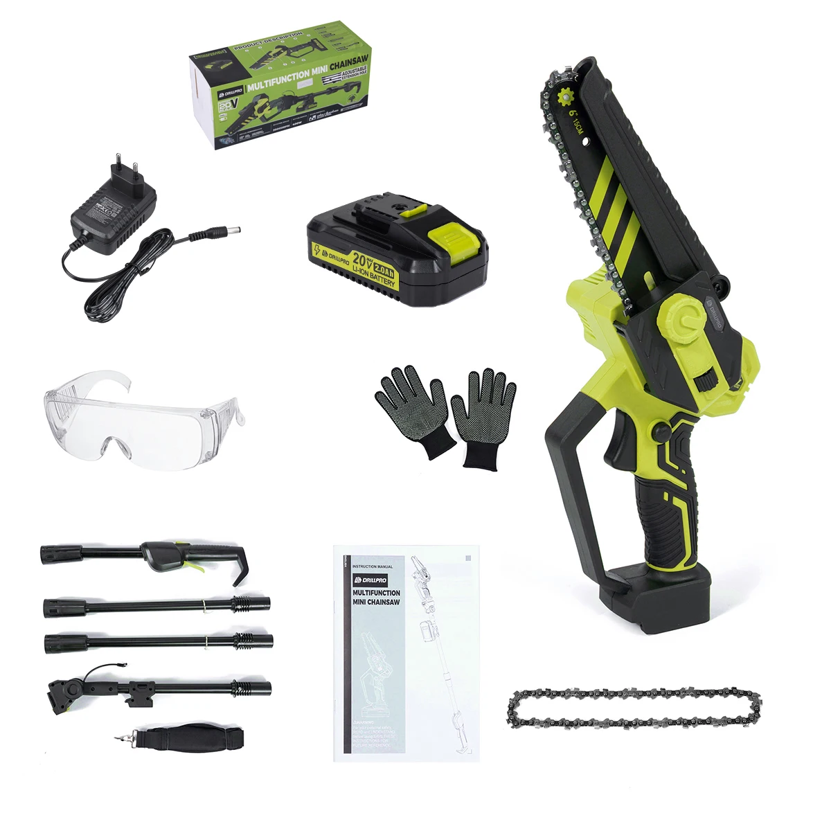 Drillpro 2-IN-1 Cordless Saw Brushless Motor Tree Trimmer 6 Inch Chainsaw with Telescopic Extension Pole for Power Tools
