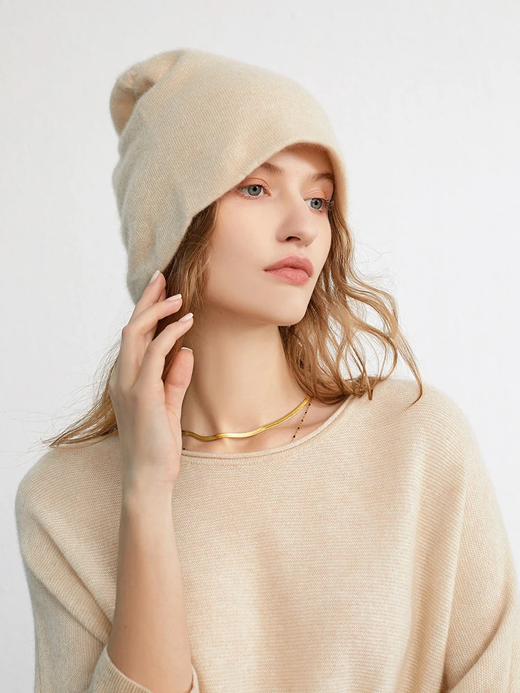 100% Cashmere Caps Simple Solid Hat Double Layers Soft Knit Hat Beanies Fall Winter Spring Warm Caps Skullies Women Bonnet Pure 6