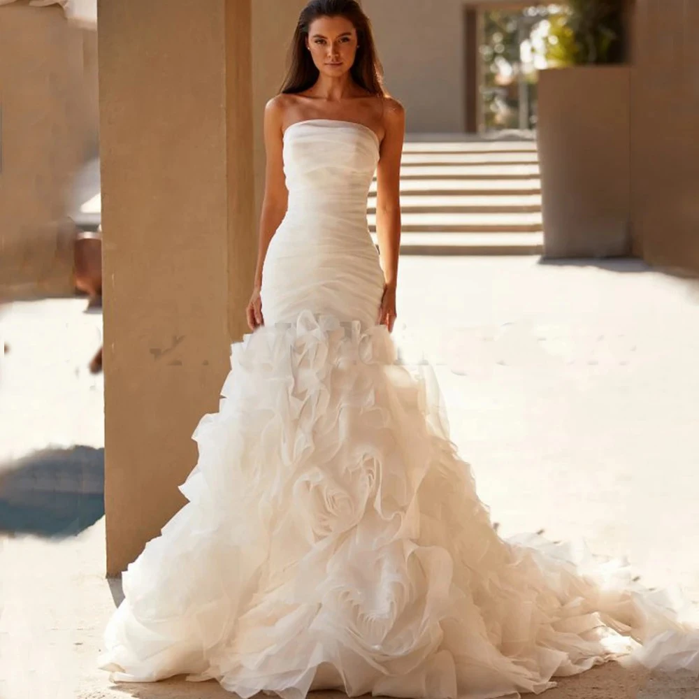 

Elegant Strapless Peart Tiered Ruffles Flowers Mermiad Wedding Dresses Custom Made 2024 Vestido De Noival