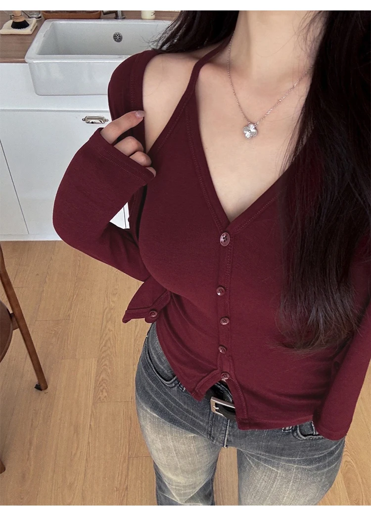 Sexy Hottie Slim Fit Vielseitige Elegante frauen Top Koreanische Dongdaemun Neckholder Langarm T-Shirt Frühling Neue Solide Stricken tees – Detail 5