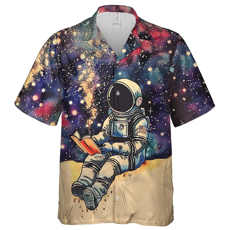 thumbnail image 1 of Camisas hawaianas con estampado 3D de astronauta para hombre, camisas con solapa de astronauta, camisetas holgadas con botones para la calle, mangas cortas, estilo hawaiano, 1 of 4