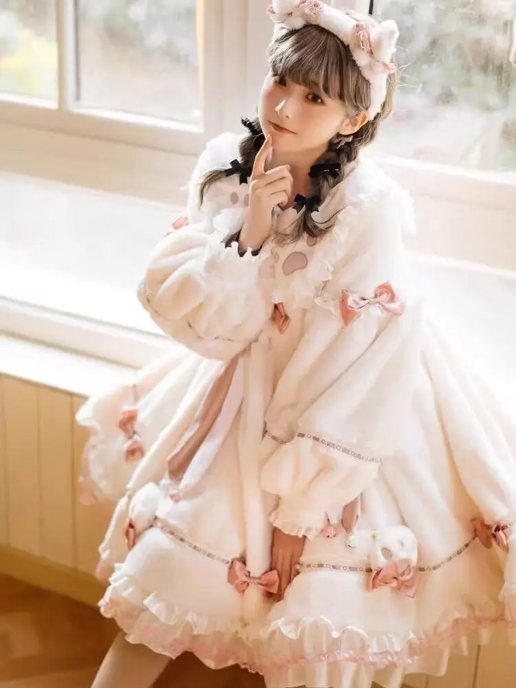 Little Milk Meow Cat Lolita Dress Plush Autumn Winter Long Sleeve Thickened New Year Clothes Birthday Party Girl Bag