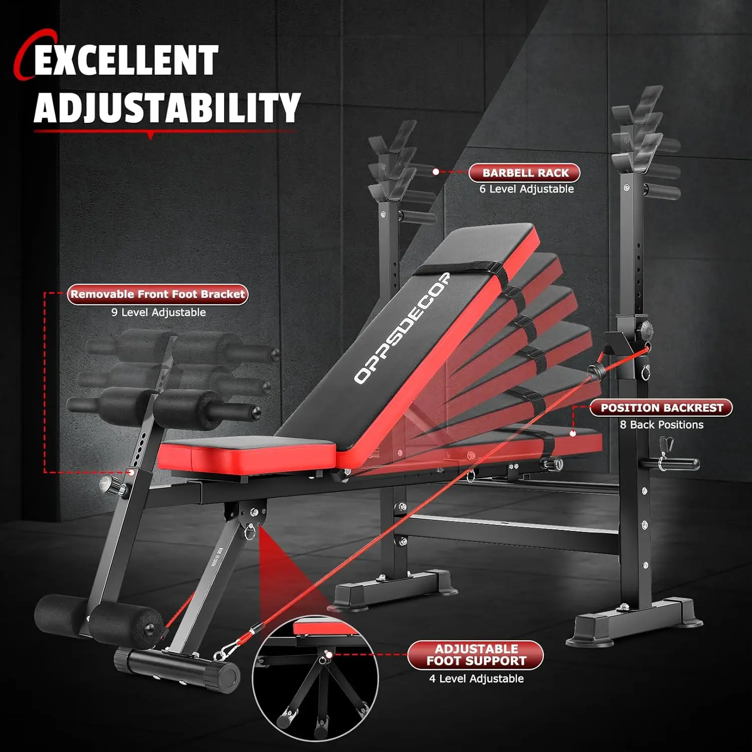 Adjustable Weight Bench Set with Squat Barbell Rack, Removable Foot Bracket, 600lbs 6 in 1 Weight Bench, Foldable Work
