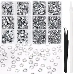 Mix Size Black Sapphire Hotfix Rhinestones Flat Back Crystals for DIY Crafts with Tweezers - 6616pcs (Crystal clear)