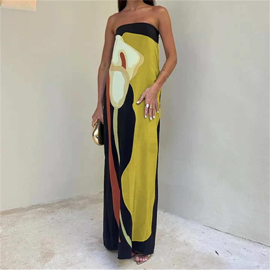 

Women's Strapless Long Dress Summer Elegant Abstract Print Sleeveless Off-Shoulder Loose Tube Dress for Beach Vacation Party