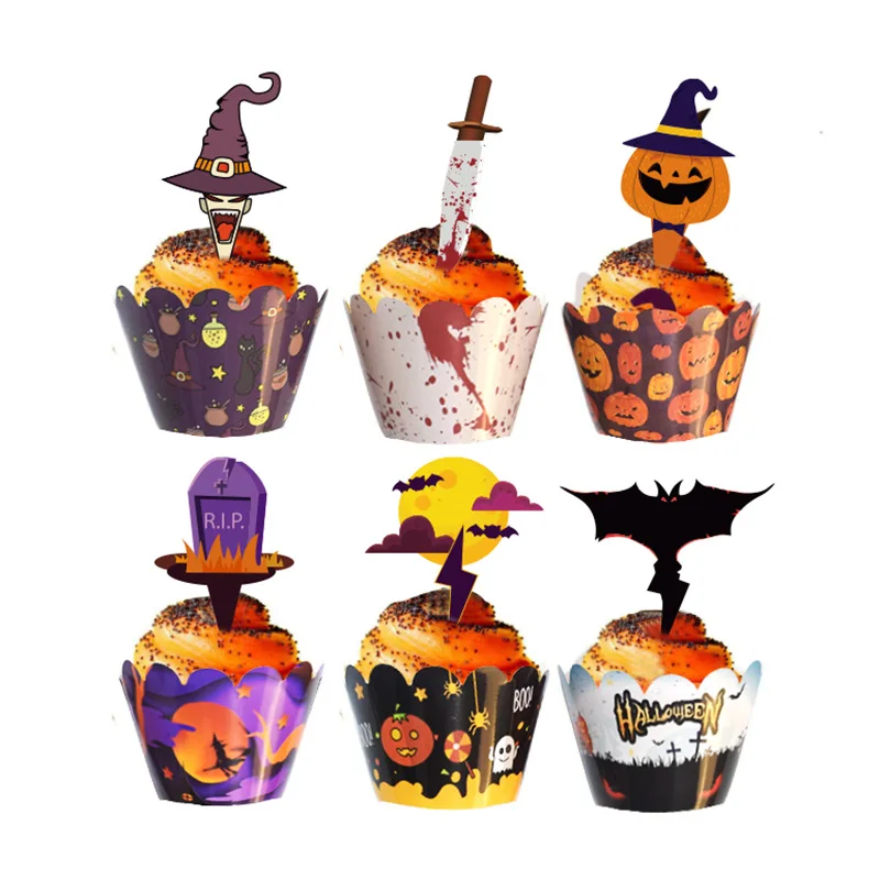 

24/48 Pieces Halloween Cupcake Wrappers Pumpkin Spiderweb Bat Toppers Cupcake Kit for Halloween Party Cake Decoration Baking Cup