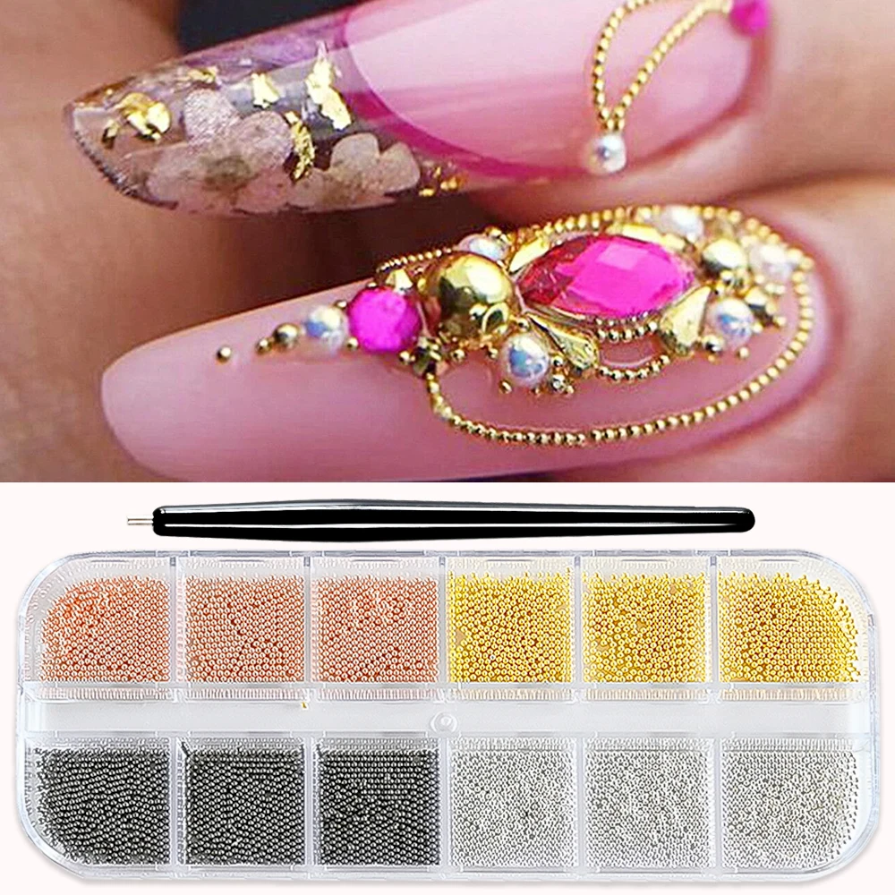 Mini Caviar Beads Nail Art Decorations 12Grids Metal Gold/Silver Micro Ball Nail Charms Magnetic Pen 0.5~3mm Ball Jewelry