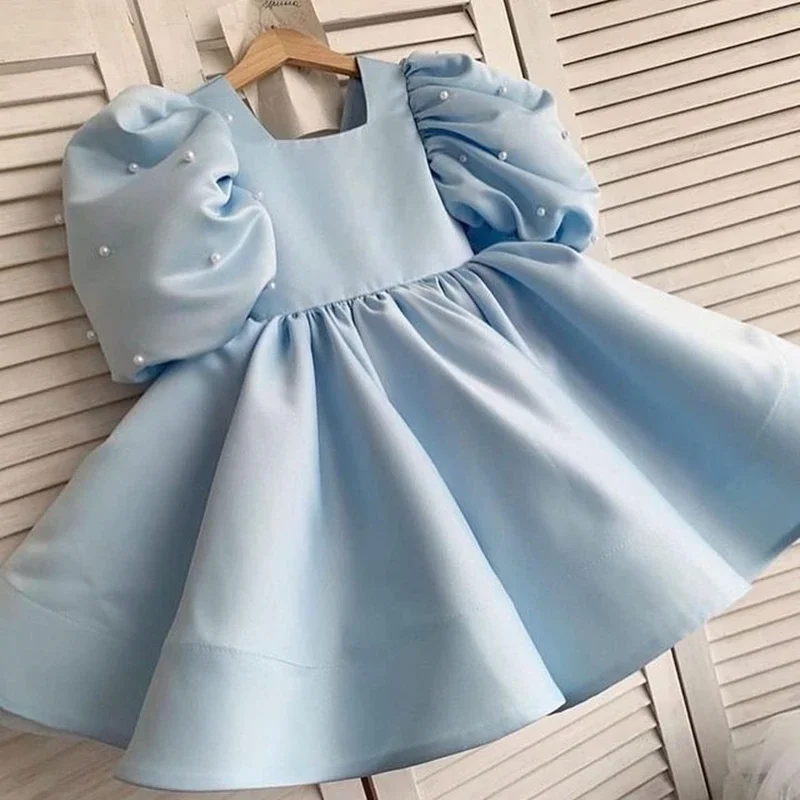 Pearls Flower Girl Dress Scoop Neckline Puff Girls Party Dresses for Wedding Short Sleeves Satin Kids Christmas Ceremonial Dress