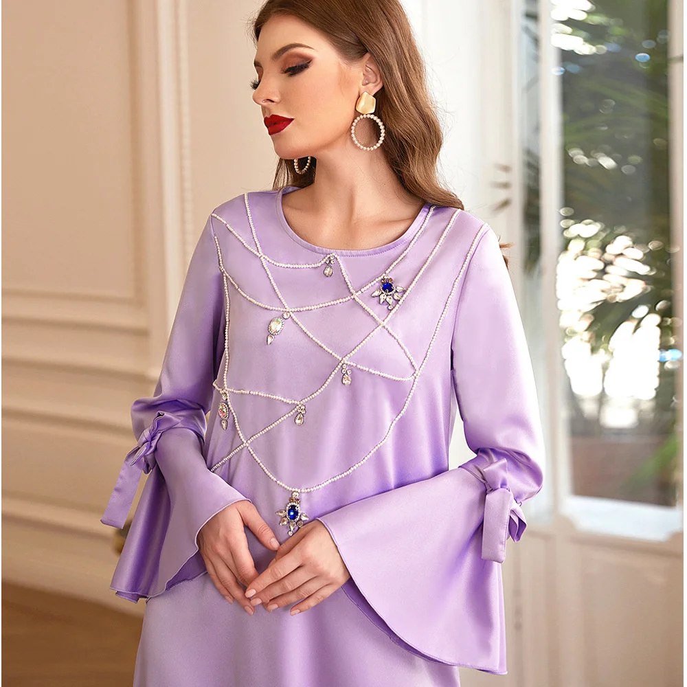 

Abaya For Women Light Purple Kaftan Caftan For Dubai Turkish Dress High Density Silk Ruffle Sleeve Robe Arab Abaya Women's Dress