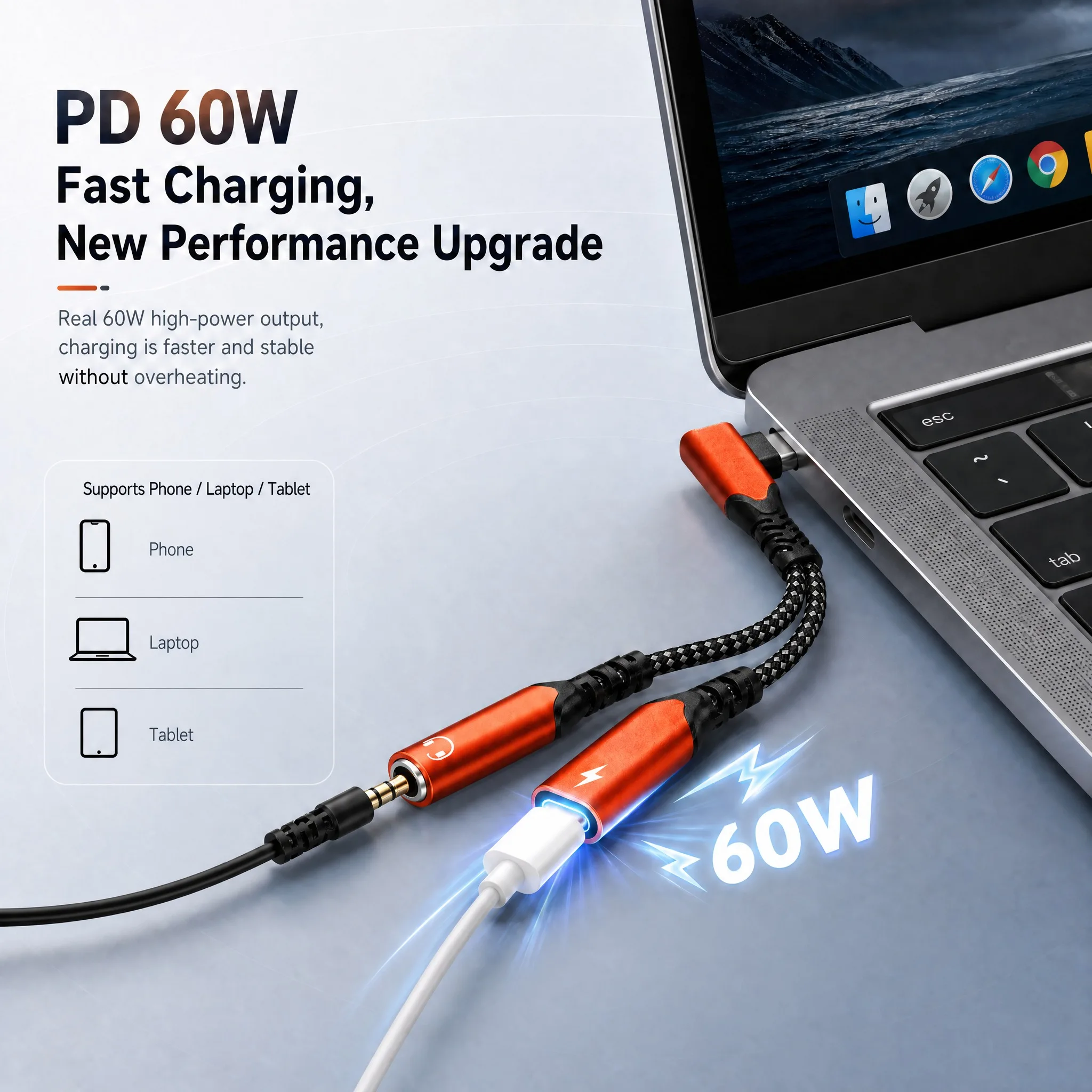 2 in 1 타입 C to 3.5mm 잭 헤드폰 어댑터 엘보 USB C AUX 오디오 스플리터 커넥터 PD 60W 고속 충전 아이폰 삼성용