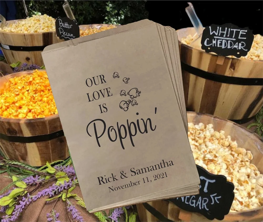 

50 Wedding Popcorn Bags, Popcorn favor bags, Treat Bags for Popcorn Bar, Custom Popcorn Bags, Our Love is Popping