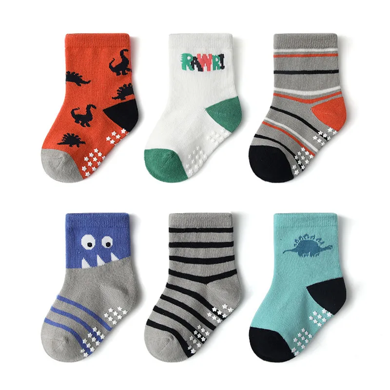 6 Pairs Kids Non-Slip Socks Cute Cartoon Dinosaur Pattern Boys Floor Socks Comfortable Breathable for Toddler Learning to Walk 3