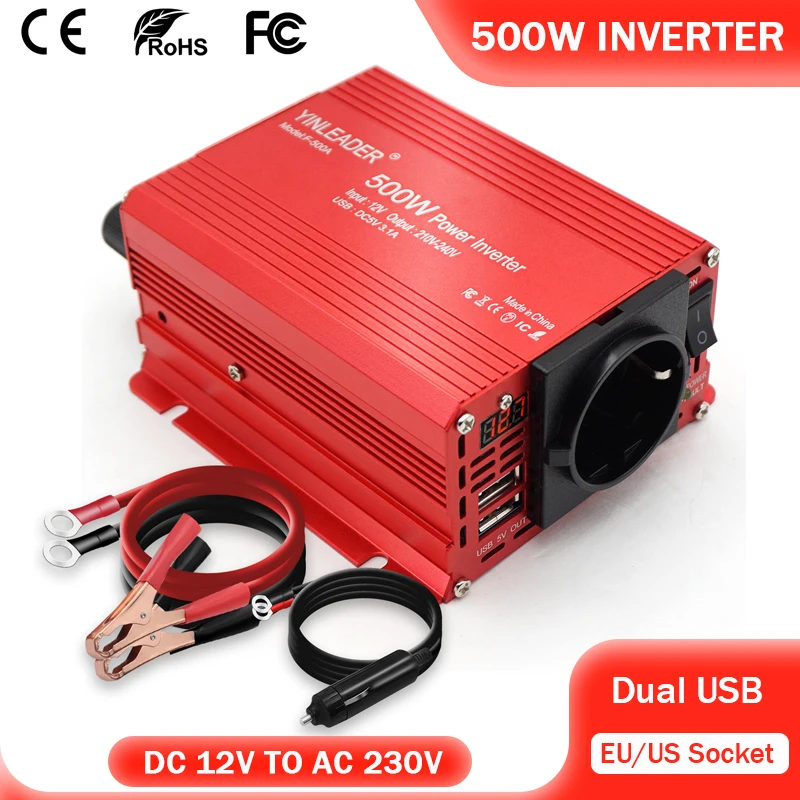 

500W Inverter DC 12V To AC 110V/220V 50Hz/60Hz Converter Led Display Dual USB EU/US Socket Car Cigarette Lighter Transformer