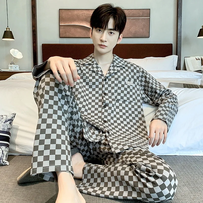 Autumn Winter Men's Pure Cotton Pajamas Polo Collar Long Sleeve Cardigan Oversized Comfortable Casual Home Clothing Set