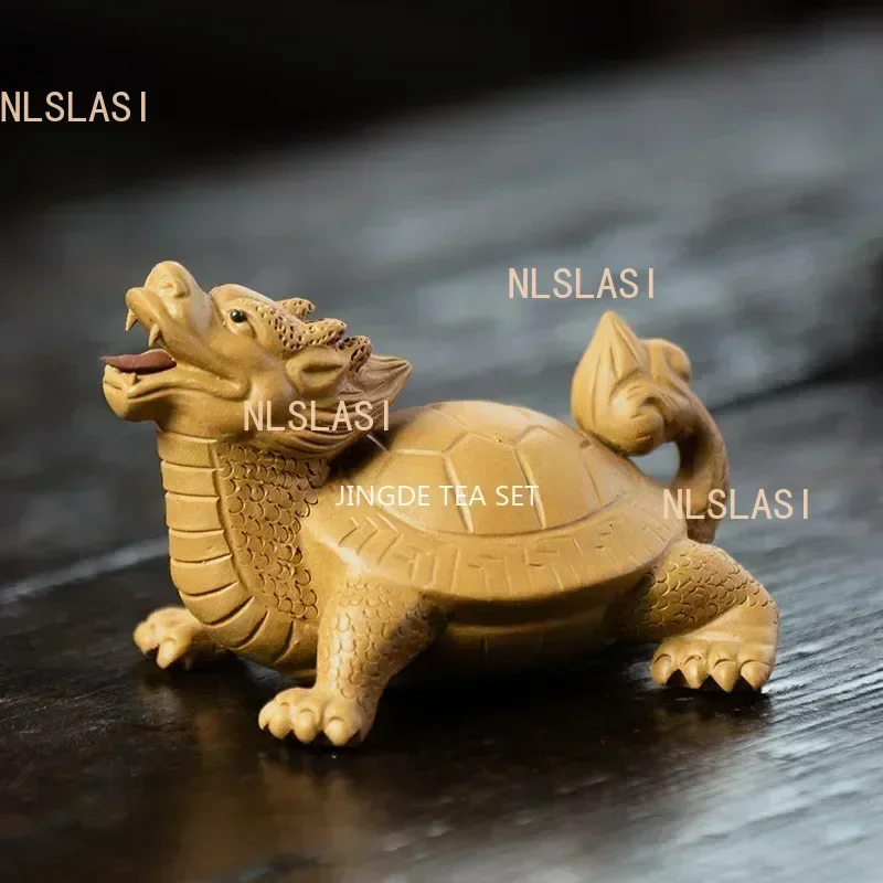 Yixing Purple Clay Art Tea Pet Lucky Dragon Turtle Statue Ornaments Animal Tea Figurine Sculpture Crafts Home Tea Set Decors