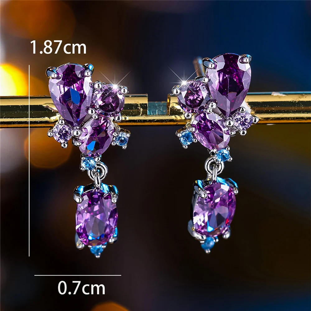Luxury Female Purple Oval Zircon Stone Wedding Jewelry Vintage Silver Color Stud Earrings For Women